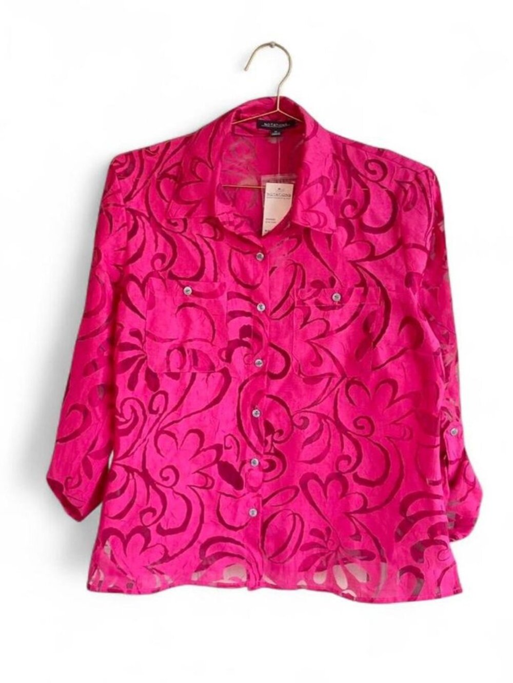Notations Fuchsia Sheer Burnout Blouse – Button Front Floral Swirl Top (NWT)